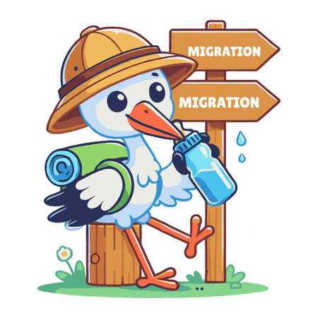 Cartoon Stork Traveler Drinking and Standing Near Migration Signpostのイラスト素材