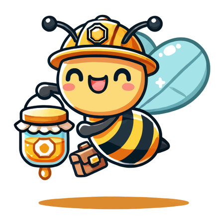 Cartoon Bee Character Wearing Helmet Carrying Honey Jar With Wings in White Backgroundのイラスト素材