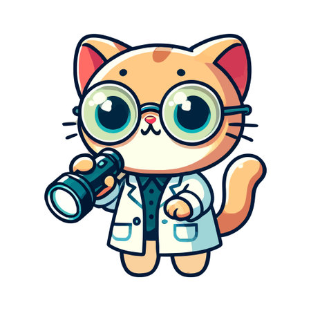 Cartoon Cat Scientist In Lab Coat And Glasses Holding Telescope On White Backgroundのイラスト素材