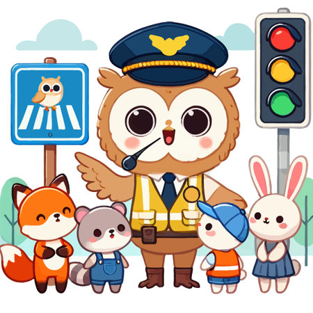 Cartoon Owl Officer Guiding Fox Raccoon and Rabbit at Pedestrian Crossing with Traffic Lightsのイラスト素材