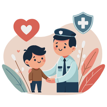 Police Officer Comforting a Child with Heart and Shield Symbols for Safetyのイラスト素材