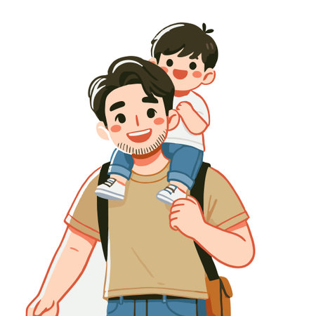Smiling Father Carrying His Young Son On Shoulders With Joyful Expression On White Backgroundのイラスト素材