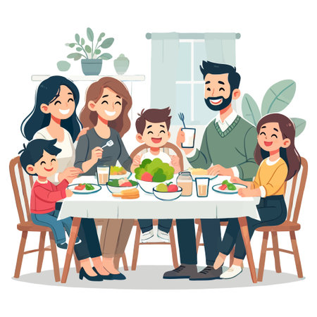 Cheerful Family Enjoying a Wholesome Meal at Dining Table in Lit Roomのイラスト素材