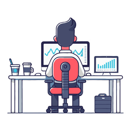 Cartoon Man Analyzing Financial Data on Computer in White Office Illustrationのイラスト素材