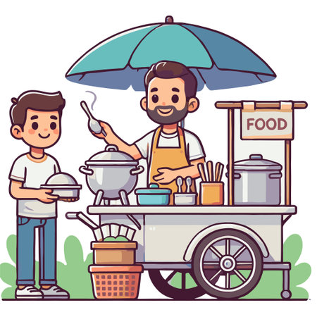 Cartoon Street Food Vendor Serving Customer Under Umbrella With Food Stallのイラスト素材