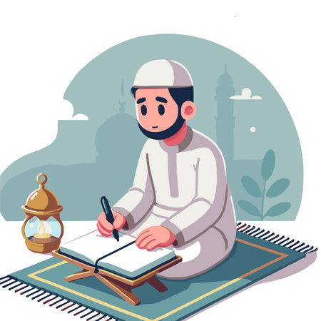 Muslim Man Reading Quran on Carpet with Mosque Background Under Soft Lightingのイラスト素材