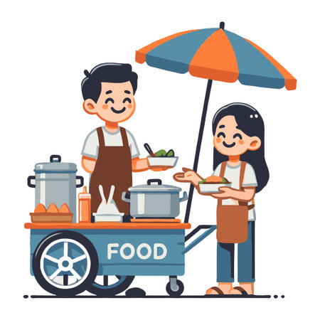 Cheerful Asian Street Food Vendor Serving Customer in White Backgroundのイラスト素材
