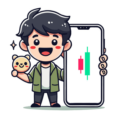 Cartoon Boy Holding Teddy Bear and a Mobile Phone Displaying Stock Market Candlestickのイラスト素材
