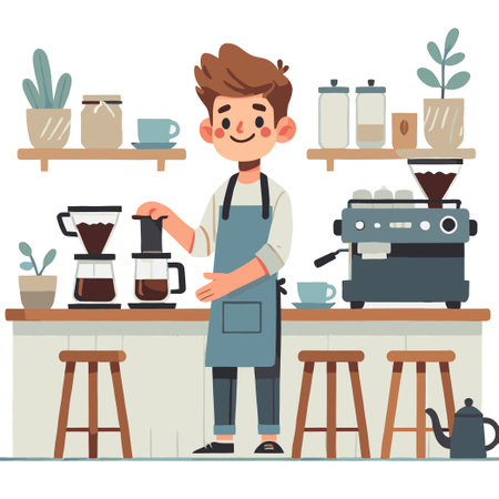 Happy Barista Stands in Coffee Shop Pouring Coffee with Brewing Equipment Interiorのイラスト素材