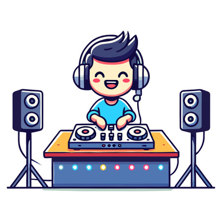 Cheerful Cartoon Dj Character Mixing Music with Turntable in Music Studio with White Backgroundのイラスト素材