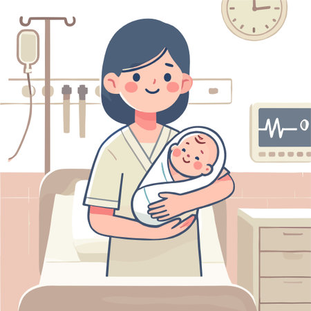 Smiling Mother Holding Wrapped Newborn Baby in Hospital Room Illustrationのイラスト素材