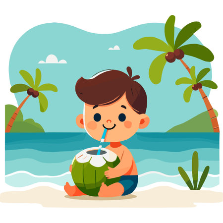 Boy Enjoying Coconut Drink on Tropical Beach Illustration with Palm Treesのイラスト素材