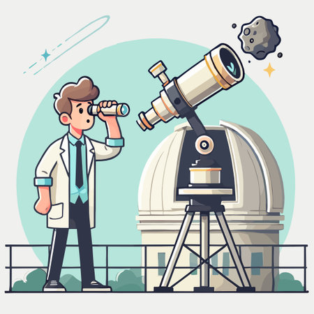 Cartoon Man Observes Cosmos with Telescope at Observatory Domeのイラスト素材