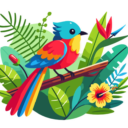 Colorful Tropical Bird Surrounded by Exotic Flora Vector Illustrationのイラスト素材