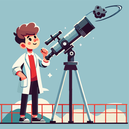 Young Boy Gazing Through Telescope at Starry Sky Illustration