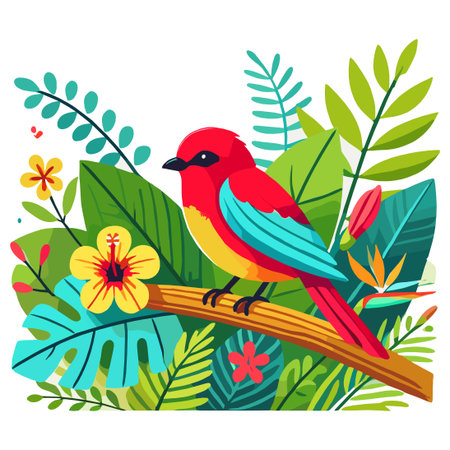 Tropical Bird on Branch with Exotic Flowers Vector Illustrationのイラスト素材