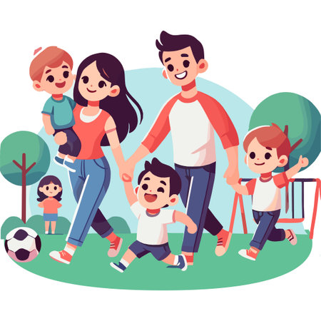 Happy Family Cartoon Illustration with Children in Park Vector Backgroundのイラスト素材