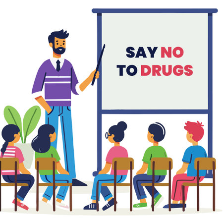 Cartoon Teacher Explains Say No To Drugs With Diverse Students in Classroomのイラスト素材
