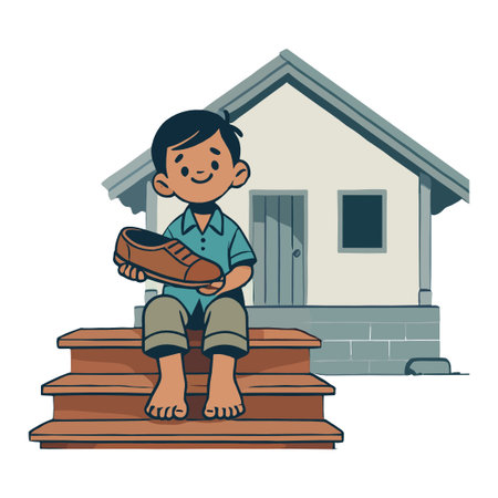 Barefoot Boy Holding Brown Shoe Sits on Steps of Home Illustrationのイラスト素材