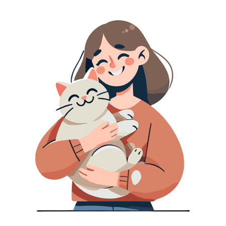 Smiling Woman Hugging White Cute Cat Cartoon Style Vector Illustration Designのイラスト素材
