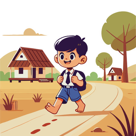 Illustration of a Boy Walking to School Barefoot on a Rural Roadのイラスト素材