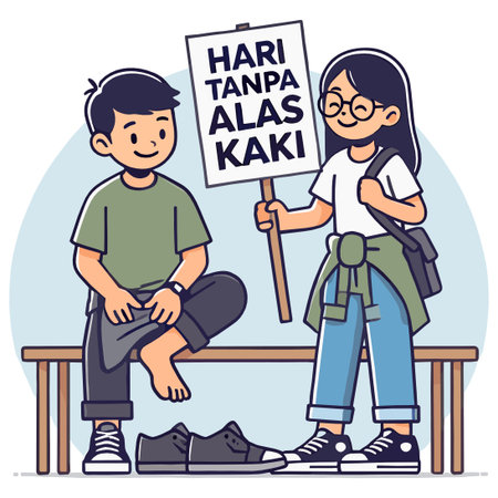Barefoot Day Illustration of Boy and Girl Sitting on Bench with Shoesのイラスト素材