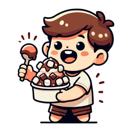 Cartoon Boy Enjoying Chocolate Ice Cream Dessert in Bowl Illustrationのイラスト素材
