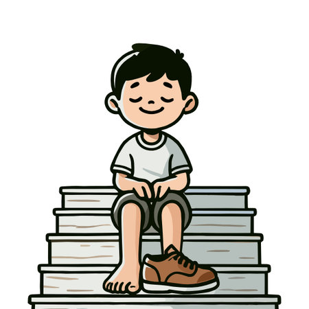 Cute Cartoon Boy Sitting on Stairway with Shoe Illustration Vector Designのイラスト素材