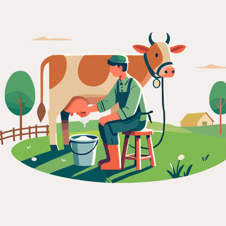 Cow Milking With Bucket Vector Illustration On Farm With Rural Backgroundのイラスト素材