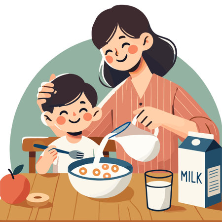 Mother Pouring Milk for Son Eating Cereal Illustration in Flat Designのイラスト素材