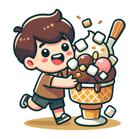 Happy Boy Hugging Large Cartoon Ice Cream Cone with Marshmallowsのイラスト素材