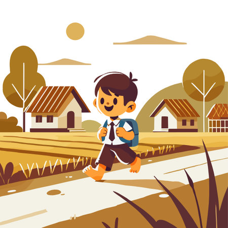 Boy Walking Barefoot To School In A Rural Landscape Vector Illustrationのイラスト素材