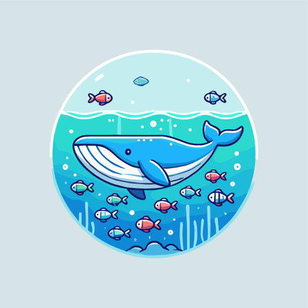 Blue whales and small fish with underwater ecosystem viewのイラスト素材