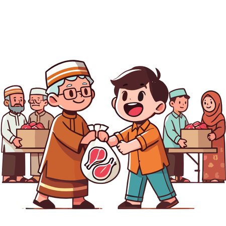 Muslim Men Distributing Sacrifice Meat Flat Illustration For Eid Al Adhaのイラスト素材
