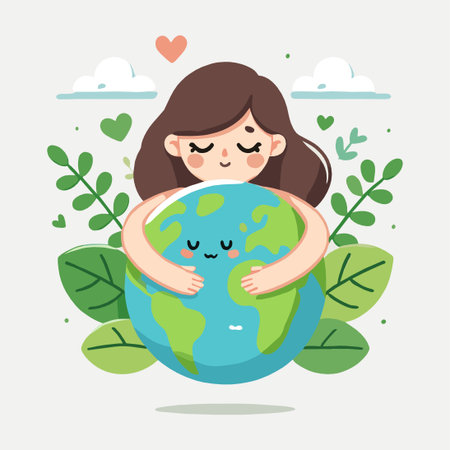 Cartoon Woman Hugging Blue and Green Planet Earth with Love Heartsのイラスト素材