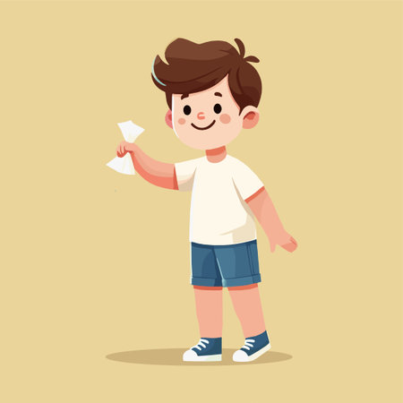 Cartoon Illustration of Boy Holding Trash Paperのイラスト素材