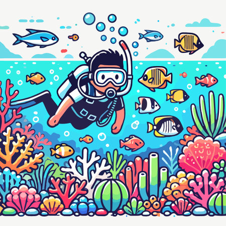 Scuba Diver with Tropical Fishes and Coral Reef Landscapeのイラスト素材