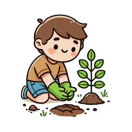 Happy Young Boy Planting a Tree Sprout in Garden Soil Cartoon Styleのイラスト素材