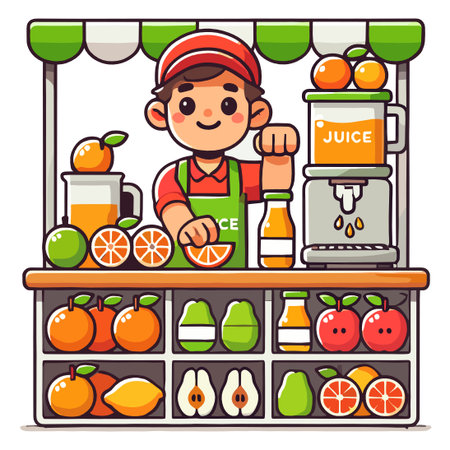 Juice Stall Cartoon Illustration with Fresh Fruits and Vendor Flat Designのイラスト素材