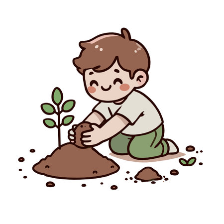 Happy Boy Planting Tree Sprout Cute Cartoon Vector Illustrationのイラスト素材