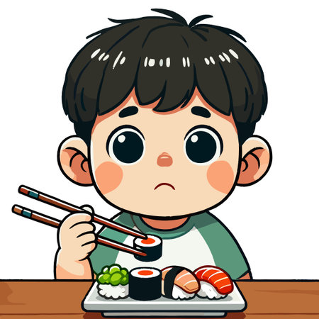 Cartoon Boy Eating Sushi with Chopsticks on Plate Illustration Designのイラスト素材