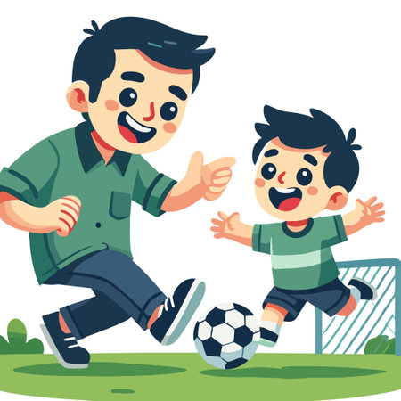Father And Son Play Soccer Illustration On White Backgroundのイラスト素材