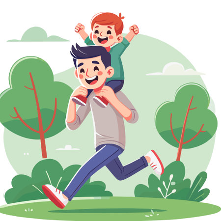 Father Carrying Son on Shoulders in Part Cartoon Illustrationのイラスト素材