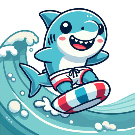 Smiling Shark Cartoon Character Surfing on Wave Vector Illustrationのイラスト素材