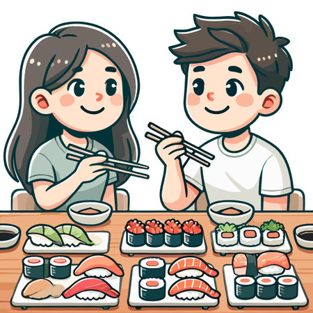 Cartoon Couple Enjoying Various Sushi Plates with Chopsticks Illustrationのイラスト素材