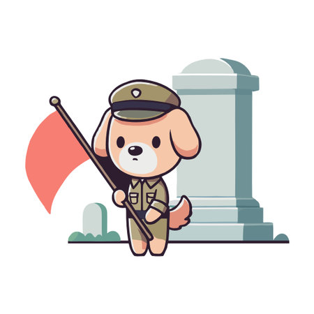 Cartoon Dog Soldier with Flag Beside Tombstone Memorial Illustrationのイラスト素材