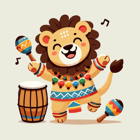 Cartoon Lion Playing Music Instruments Illustration on White Backgroundのイラスト素材