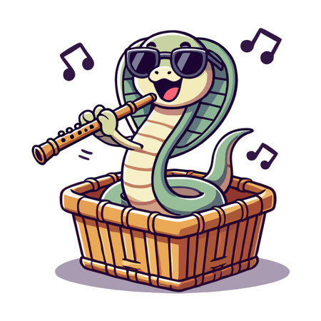 Cartoon Cobra Playing Flute in Basket with Flat Design Illustrationのイラスト素材