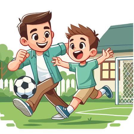 Father and Son Playing Soccer Vector Illustration at Backyard Homeのイラスト素材