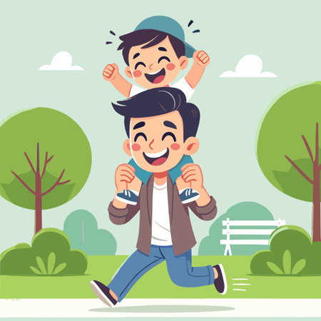 Joyful Father Carries Son On Shoulders In Park Flat Vector Illustrationのイラスト素材